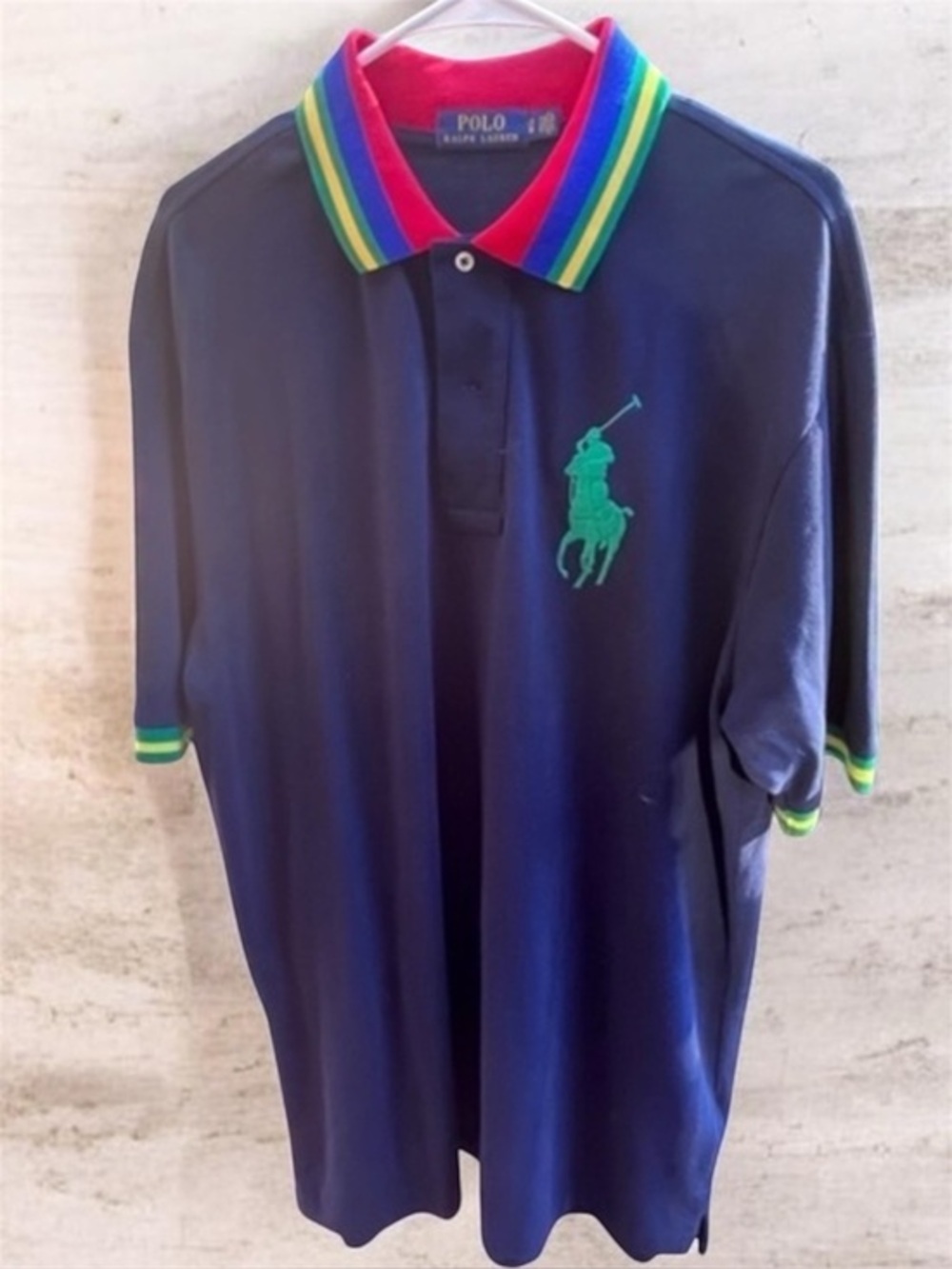 Polo Ralph Lauren navy blue big green pony rainbow collar rugby shirt red yellow